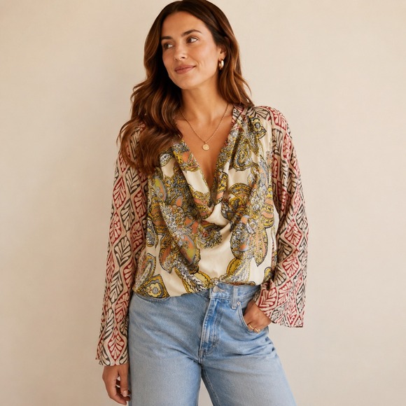 Free People Tops - Free People Mixed Print Cowl Neck Blouse Womens Medium Red Cream Hippie Boho